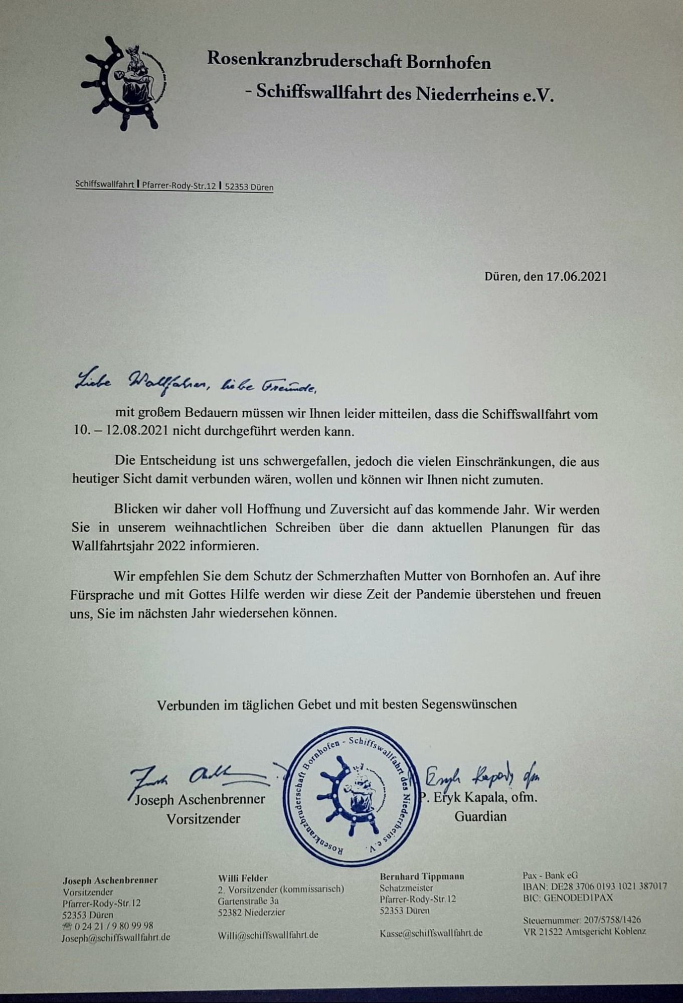 Absage der August Wallfahrt 2021